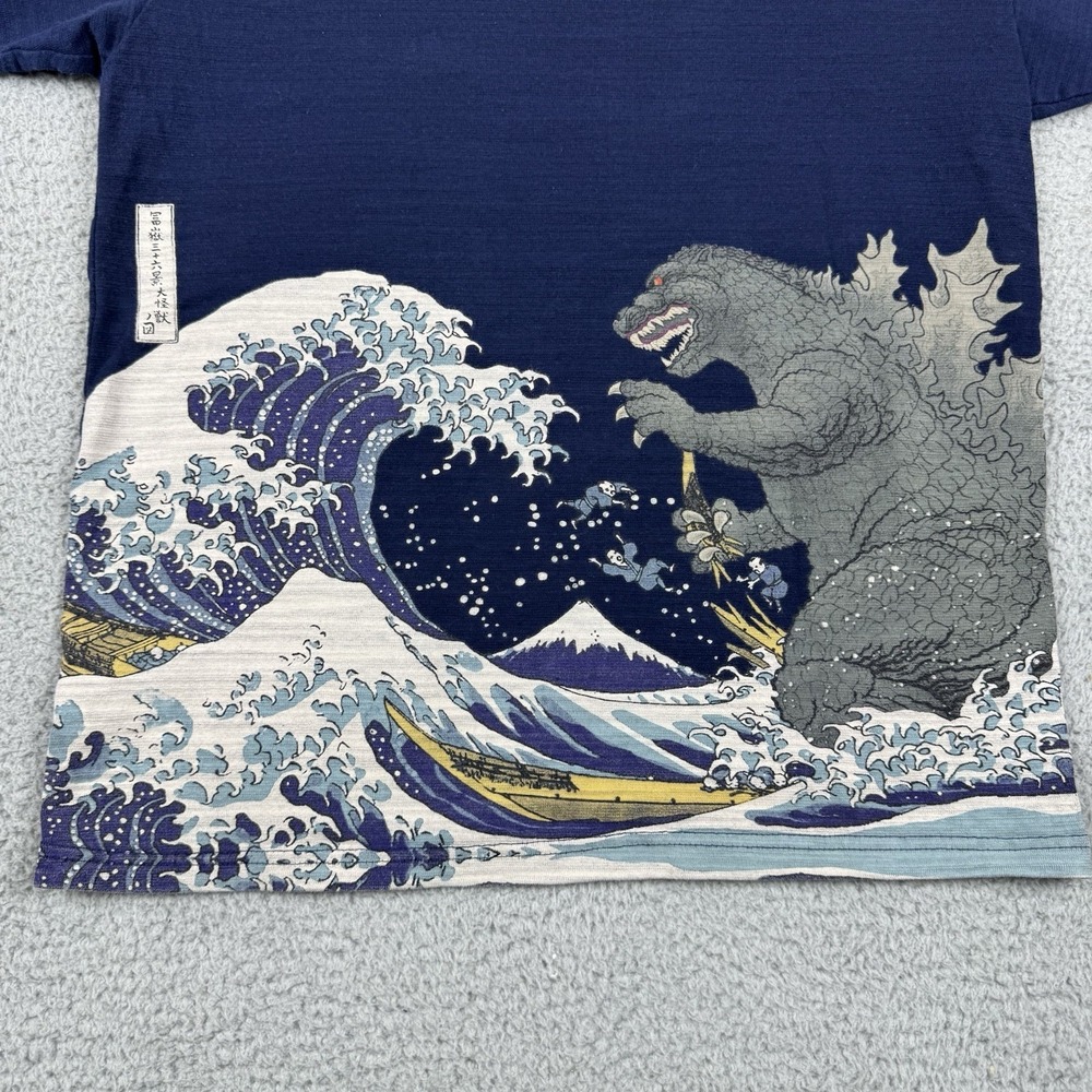 Godzilla Toho T Shirt Medium Limited Edition Blue Japanese Woodblock Hokusai - Picture 8 of 12